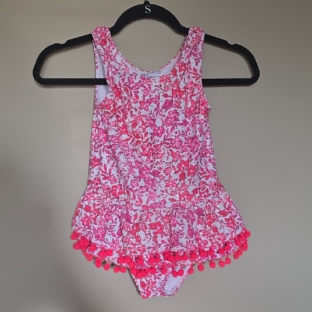 Floral Pink and White Swimsuit with Pom Pom Trim Girls Sz 10